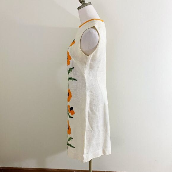 Vintage Tammy Andrews Cream/Orange Sleeveless Pencil Dress Floral Crewel Detail - Picture 4 of 8